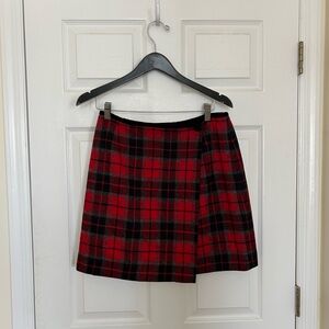 Vintage red tartan wool and velvet mini wrap skirt